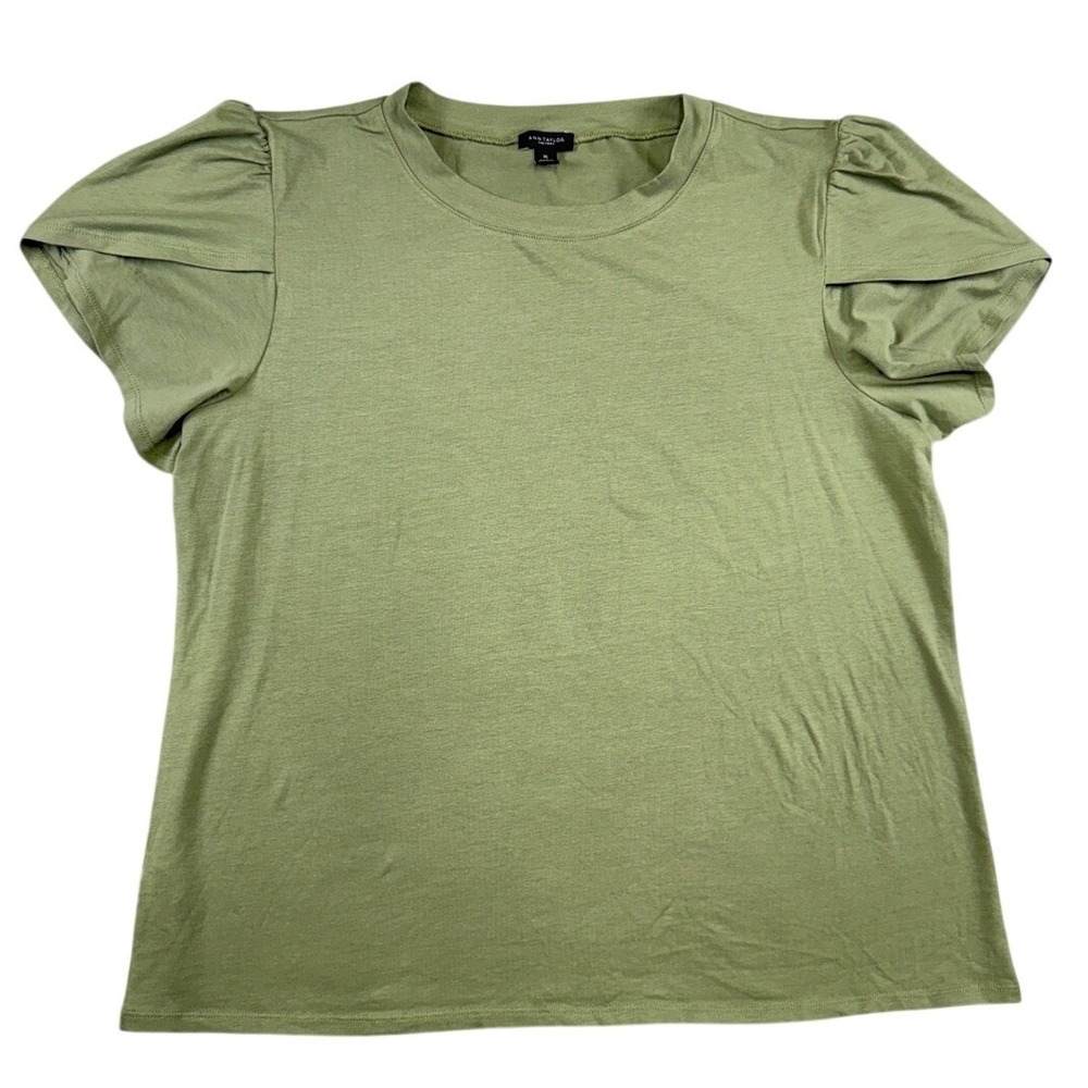 Ann Taylor Factory Womens XL Olive Green Puff Sleeve Crew Neck Cotton Blend Top